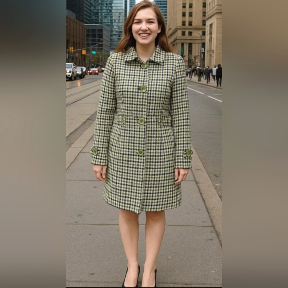 Retro Green Black Plaid 3/4 Length Tailored Coat Jacket Size Medium - Picture 1 of 16